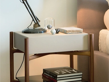 Regent nightstand in wood covered with leather by Porada