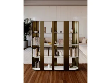 Helena lacquered metal room divider bookcase with SuperMarble shelves by Bontempi.