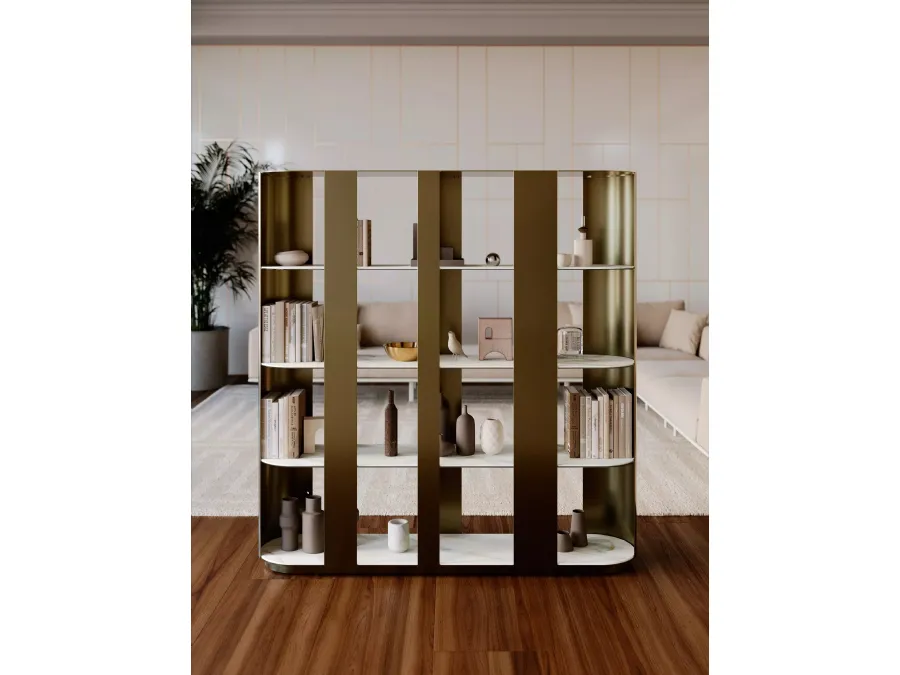 Helena lacquered metal room divider bookcase with SuperMarble shelves by Bontempi.