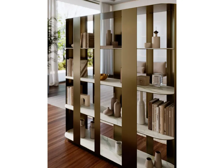 Helena lacquered metal divider bookcase with SuperMarble shelves by Bontempi.
