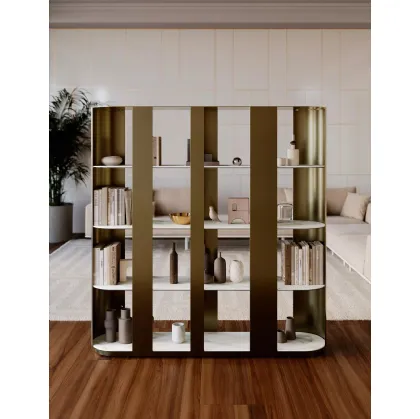 Helena lacquered metal room divider bookcase with SuperMarble shelves by Bontempi.