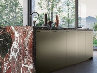 Antis Project 1 Kitchen Design in metallic bronze lacquer and polished Rosso Lepanto marble by Euromobil.