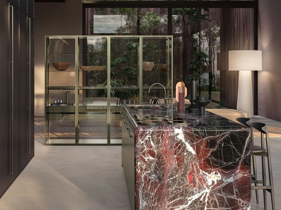 Euromobil Antis Project 1 kitchen in metallic lacquered Bronze and polished Rosso Lepanto marble.