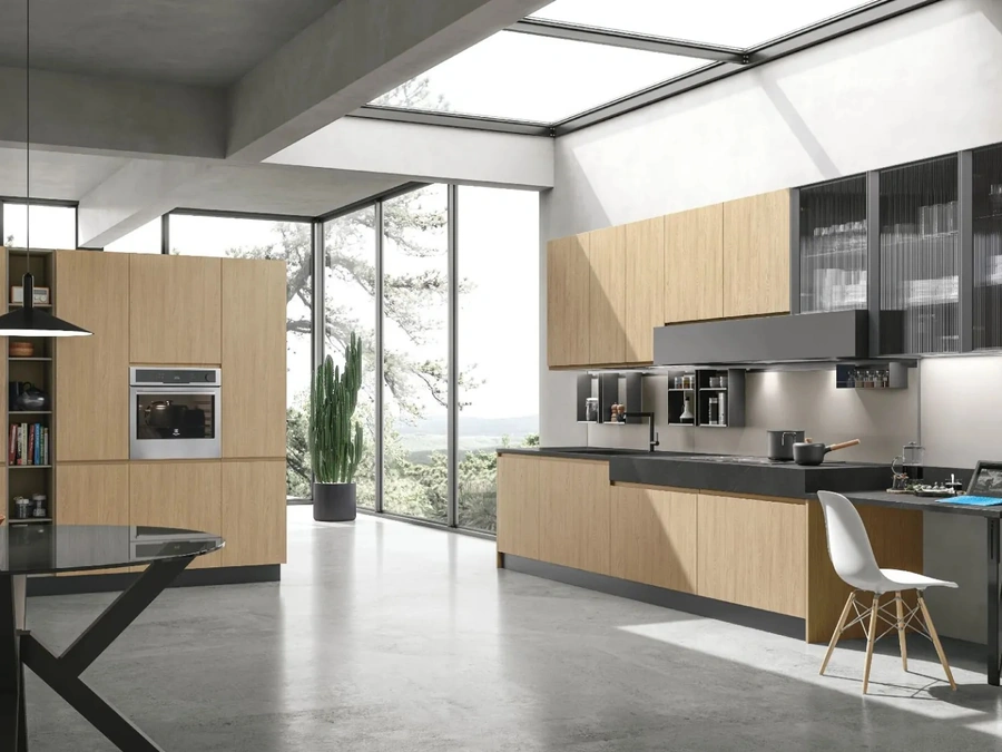 Modern Corner Kitchen Karma 08 in Thermally Structured Essence Oak by Stosa