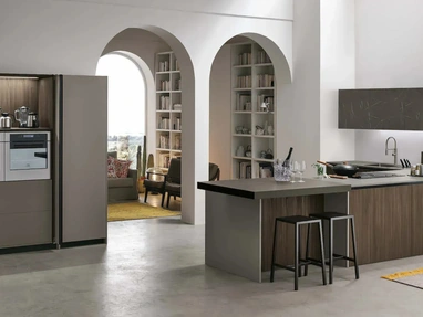 Modern Kitchen with Metropolis 04 Peninsula in Brown Larch and PET by Stosa