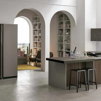Modern Kitchen with Metropolis 04 Peninsula in Brown Larch and PET by Stosa