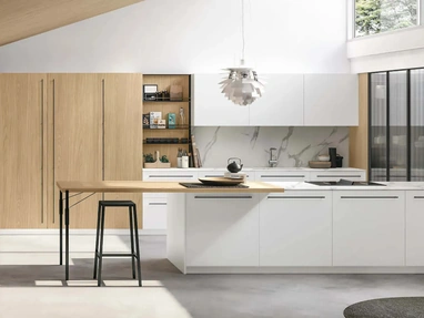Modern Kitchen with Metropolis 06 Peninsula in White PET and Sun Oak by Stosa