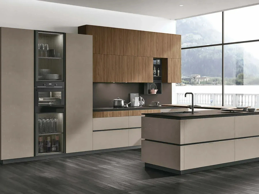 Modern Kitchen with Metropolis 12 Peninsula in Cement Visone and Eucalyptus Walnut by Stosa