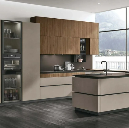 Modern Kitchen with Metropolis 12 Peninsula in Cement Visone and Eucalyptus Walnut by Stosa
