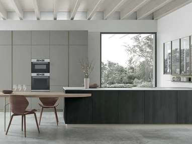 Modern Kitchen in Grey Smoke PET with Larice Noir Metropolis 15 Peninsula by Stosa