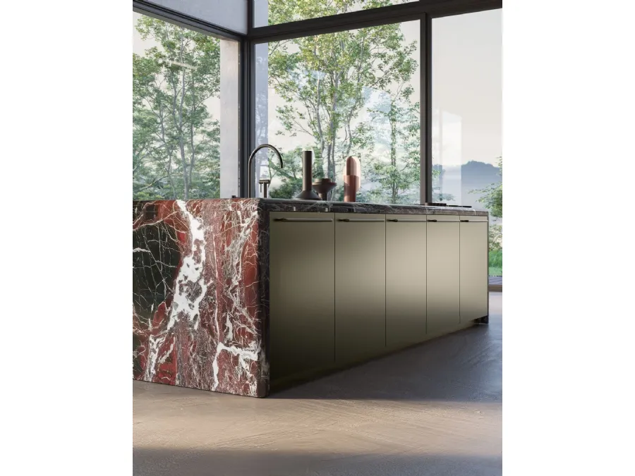 Antis Project 1 Kitchen Design in metallic bronze lacquer and polished Rosso Lepanto marble by Euromobil.