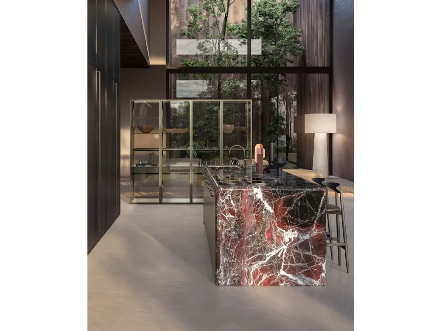 Euromobil Antis Project 1 kitchen in metallic lacquered Bronze and polished Rosso Lepanto marble.