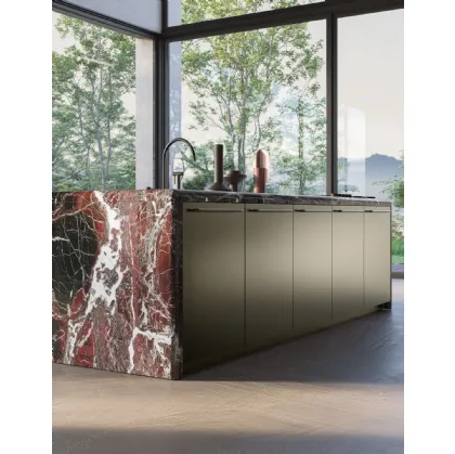 Antis Project 1 Kitchen Design in metallic bronze lacquer and polished Rosso Lepanto marble by Euromobil.