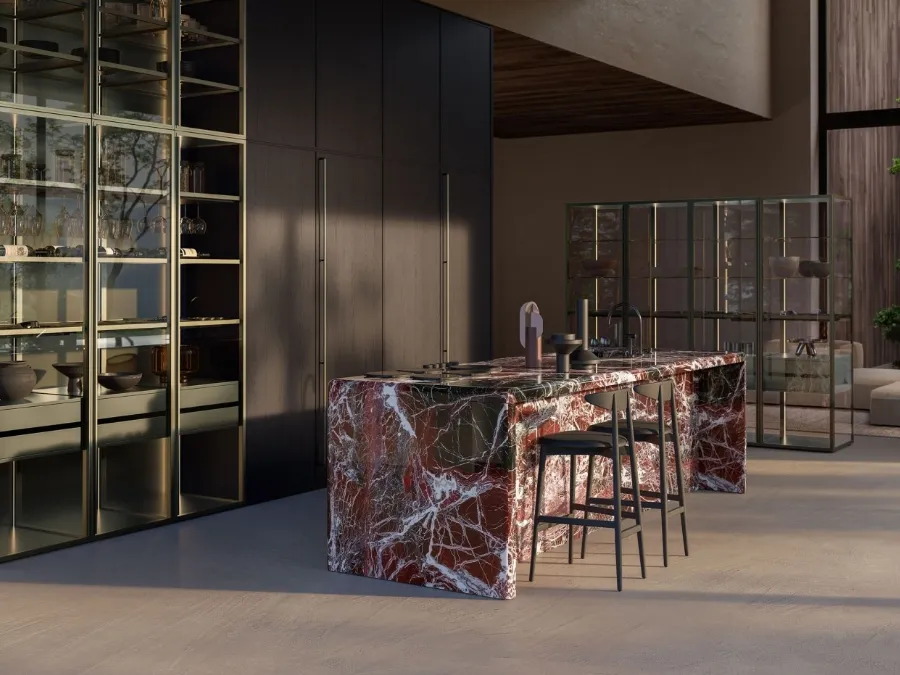 Margo Project 1 Kitchen Design in shot-blasted cast iron oak and marble by Euromobil