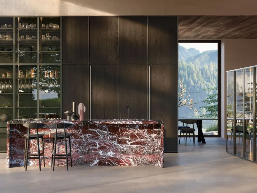 Margo Project 1 kitchen design in sandblasted cast iron oak and Euromobil marble