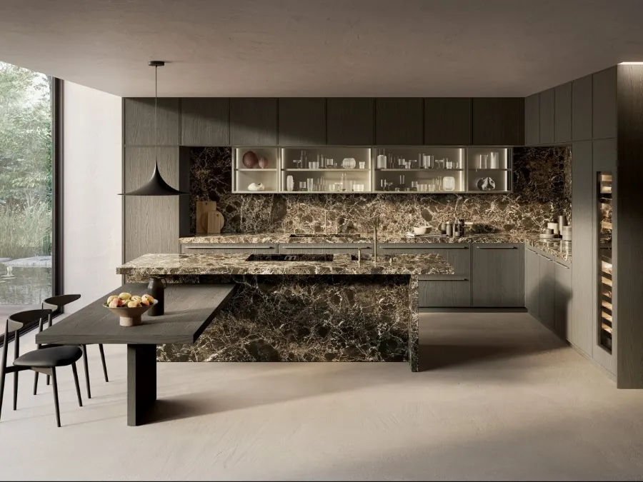 Margo Project 3 kitchen design in lead-sandblasted oak and polished Emperador marble, by Euromobil
