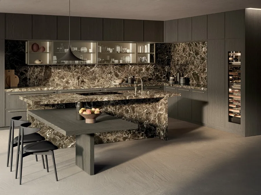 Margo Project 3 kitchen design by Euromobil, featuring lead-blown oak and polished Emperador marble.