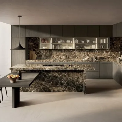 Margo Project 3 kitchen design in lead-sandblasted oak and polished Emperador marble, by Euromobil
