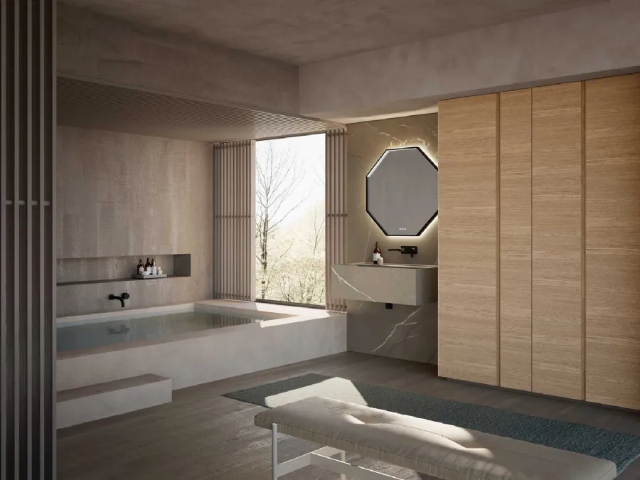 Bathroom Vanity M3 System 308 in Piasentina stone stoneware and Baxar wood.