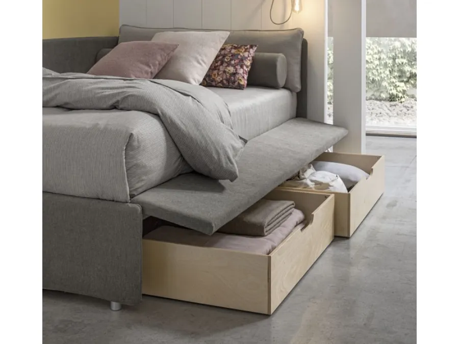 Fabric upholstered Joy Pull-out bed with $ and a half size with wooden drawers by V&Nice.