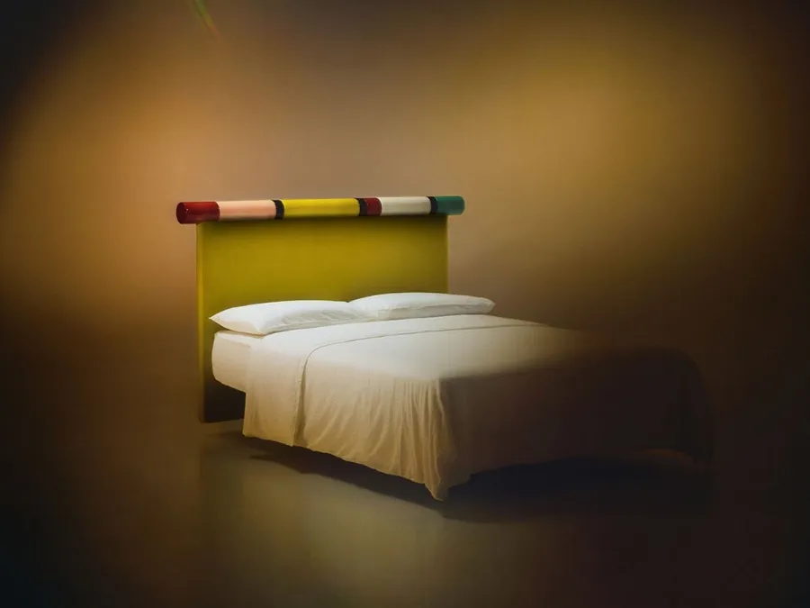 Rosary bed with fabric headboard and glossy lacquered finish by Bolzan Letti.