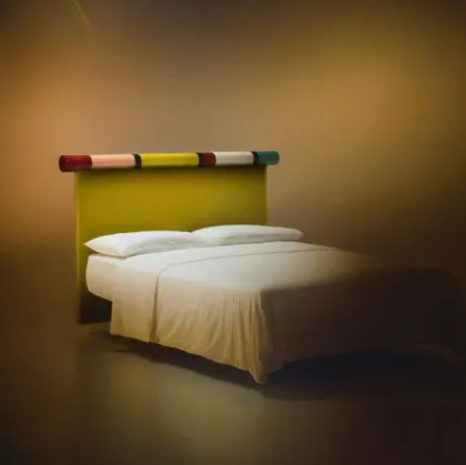 Rosary bed with fabric headboard and glossy lacquered finish by Bolzan Letti.