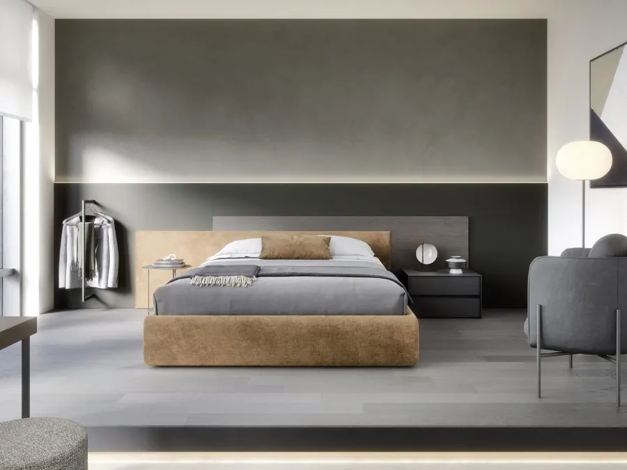 Bed with storage container, Time padded fabric headboard and Novamobili wood.