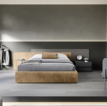 Bed with storage container, Time padded fabric headboard and Novamobili wood.