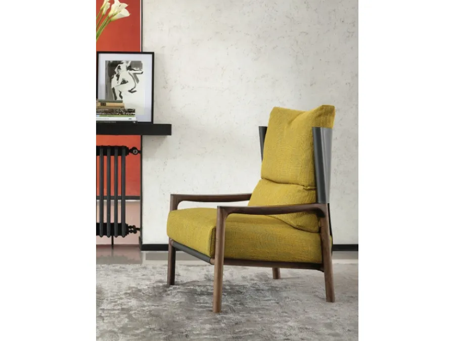 Vera Bergere armchair in fabric, leather, and Porada wood