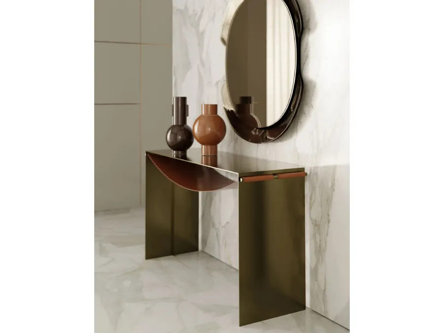 Mobile console entrance Piper in steel with leather shelf by Bontempi.