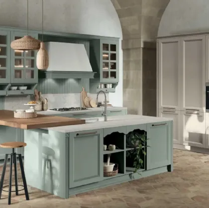 Stosa Beverly v04 classic kitchen with lacquered ash wood peninsula.