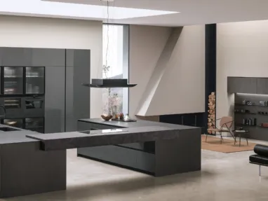 Modern kitchen with double Alaint v01 glossy glass island in Lava and Neolith Basalt Black Satin with HPL Ossido top by Stosa.