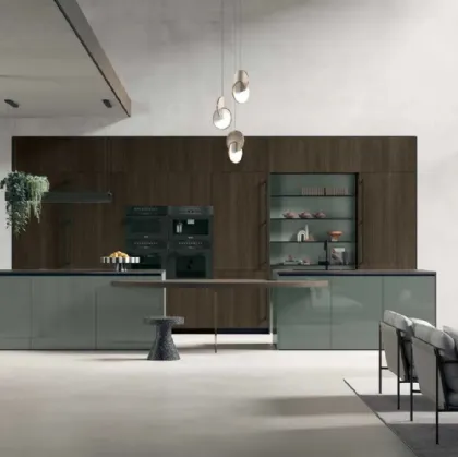 Modern kitchen with Color Trend v09 island in glossy lacquer and Thermocotto Oak by Stosa