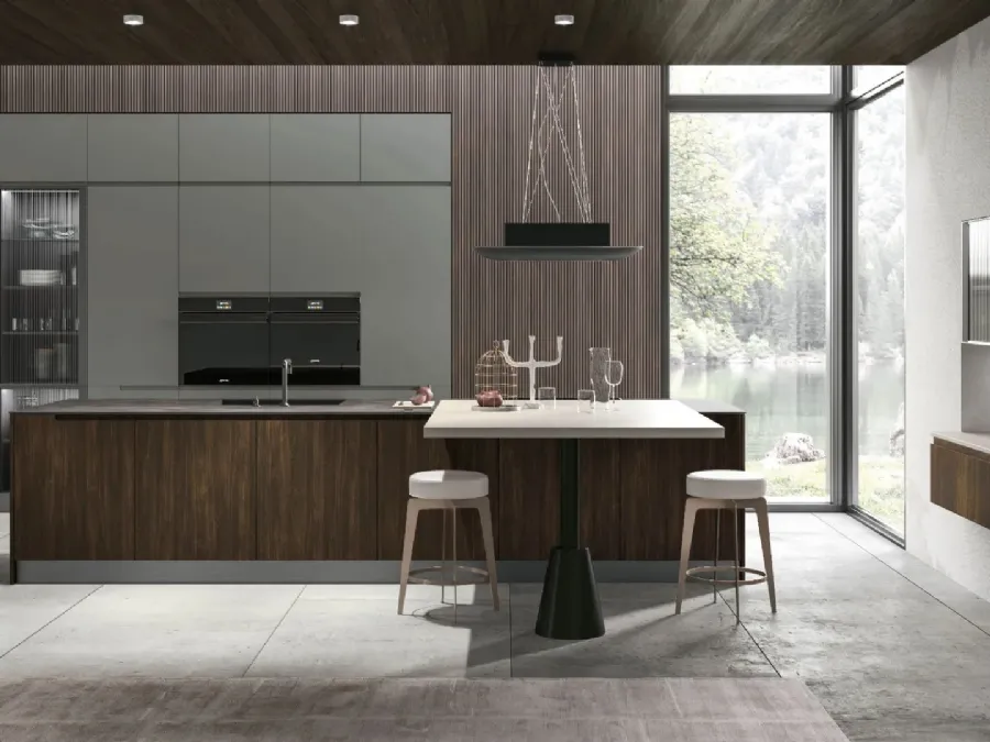 Modern kitchen with Karma 08 island in Bark Oak and Thyme lacquered by Stosa.
