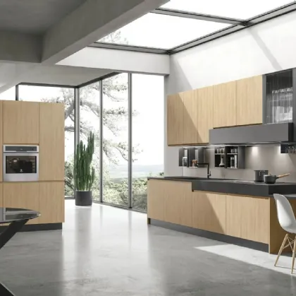 Modern Corner Kitchen Karma 08 in Thermally Structured Essence Oak by Stosa