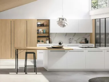 Modern Kitchen with Metropolis 06 Peninsula in White PET and Sun Oak by Stosa