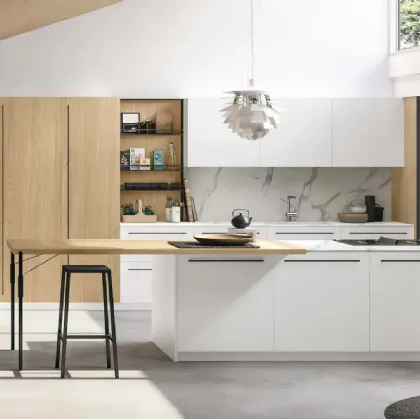 Modern Kitchen with Metropolis 06 Peninsula in White PET and Sun Oak by Stosa