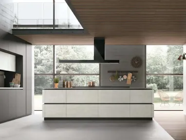 Modern kitchen with Metropolis 10 island in pet and textured white Cement by Stosa.
