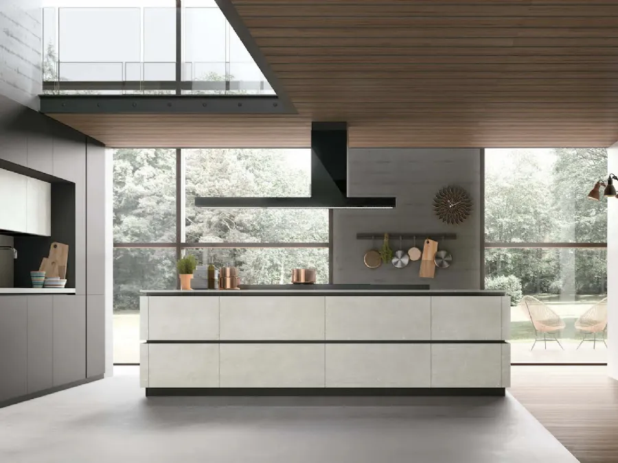 Modern kitchen with Metropolis 10 island in pet and textured white Cement by Stosa.
