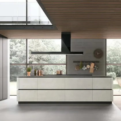 Modern kitchen with Metropolis 10 island in pet and textured white Cement by Stosa.