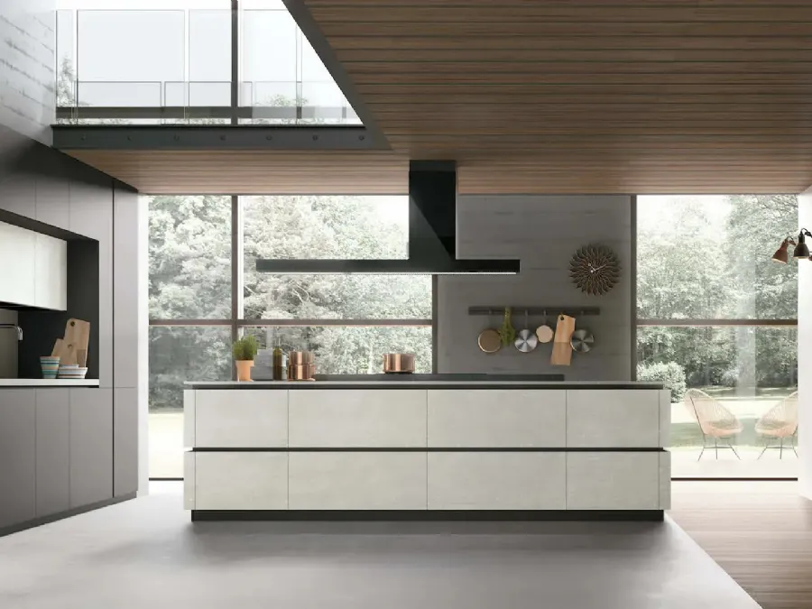 Modern Kitchen in PET with Metropolis 11 Island by Stosa in Cemento Metropolis