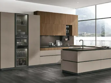 Modern Kitchen with Metropolis 12 Peninsula in Cement Visone and Eucalyptus Walnut by Stosa