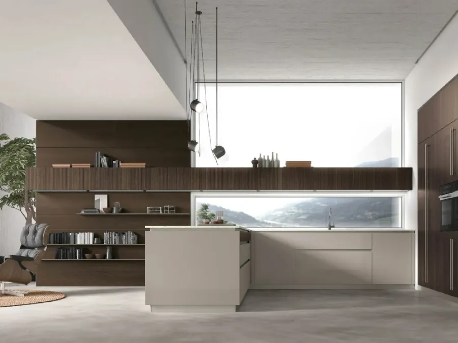 Modern kitchen with Natural 02 peninsula in lacquer and Oak by Stosa.