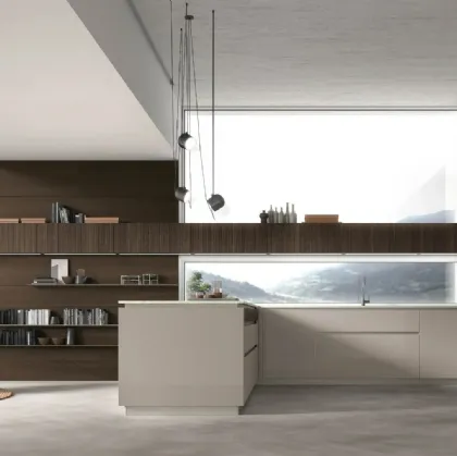 Modern kitchen with Natural 02 peninsula in lacquer and Oak by Stosa.
