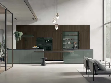 Modern kitchen with Color Trend 09 island in Thermocooked and fluted oak, glossy lacquered Thyme by Stosa.