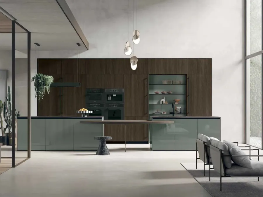 Modern kitchen with Color Trend 09 island in Thermocooked and fluted oak, glossy lacquered Thyme by Stosa.