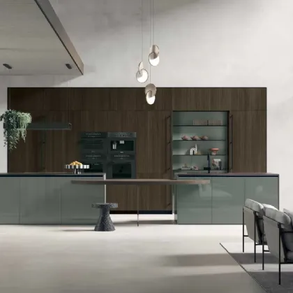 Modern kitchen with Color Trend 09 island in Thermocooked and fluted oak, glossy lacquered Thyme by Stosa.